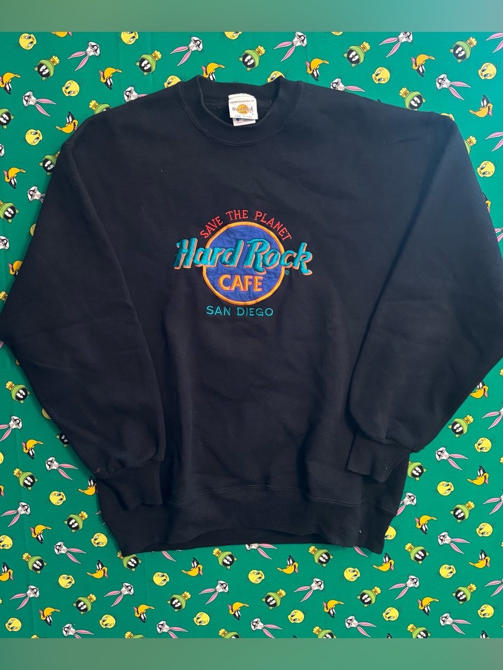 Hard Rock Cafe Black Crewneck Sweatshirt with Multicolor 'Save The Planet' Logo